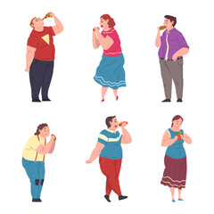 Fototapeta premium Happy Fat People Character Eating Fast Food Vector Set