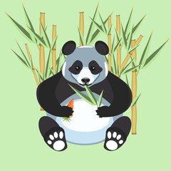 Panda in the bamboo bush eating carrot and leaves in flat technique vector illustration 