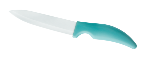 Ceramic knife with a blue handle on a transparent background. Cutlery concept. isolated object. Element for design