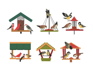 Fototapeta premium Winter Wooden Bird Feeder with Aves Picking Grain and Seeds Vector Set