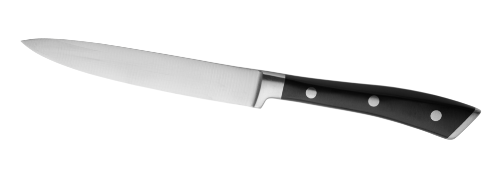 A new knife with a black handle on a transparent background. Cutlery. isolated object. Element for design