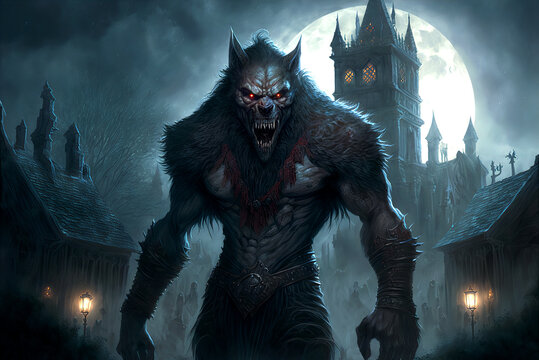 Werewolf in a village graveyard AI generative