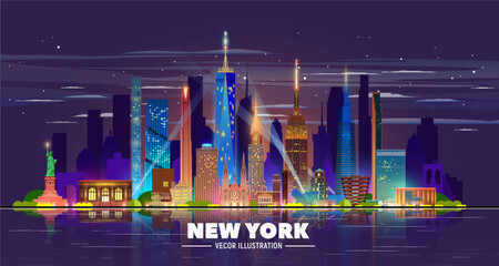 New York night skyline in the dark background. Flat vector illustration. Business travel and tourism concept with modern buildings. Image for banner or website.