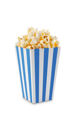 Blue white striped carton bucket with tasty cheese popcorn, isolated on transparent background, PNG. Movies, cinema and entertainment concept.