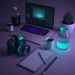 Minimalist Designer Office with Laptop, Camera, and Purple and Teal Ambient Light