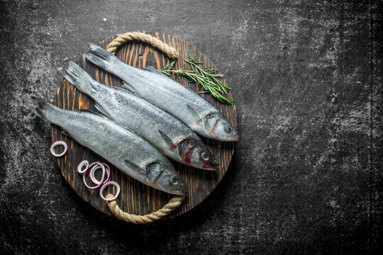 Raw fish on an old tray with a sprig of rosemary.