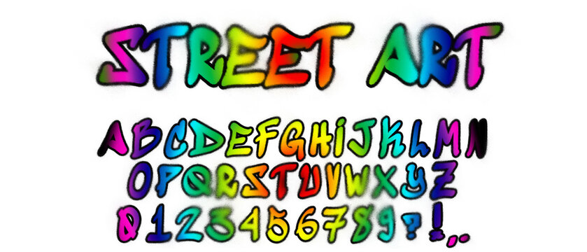 Multicolor graffiti alphabet with capital letters and numbers on transparent png background, street art font design with realistic spray effect