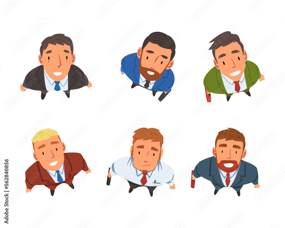 Poster smiling business man character looking up above view vector set