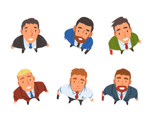 Fototapeta premium Smiling Business Man Character Looking Up Above View Vector Set