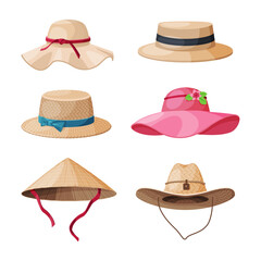 Wide Brimmed Hat of Different Color Vector Set