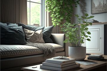 Interior of modern living room with sofa and green plants. AI generative illustration