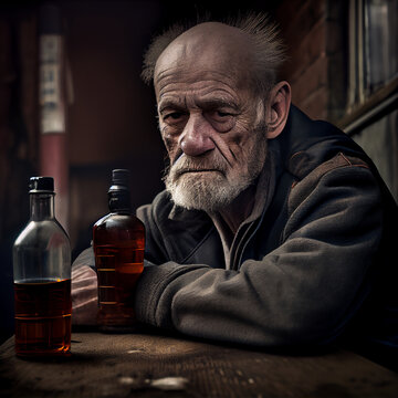 Drunk Men Alcoholic Drinking with Bottles Generative Ai 