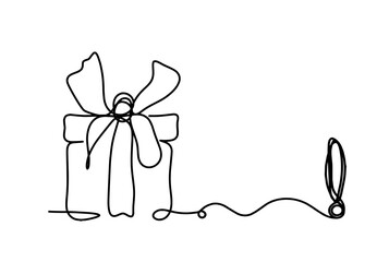 Abstract present box and exclamation mark as continuous line drawing on white background. Vector