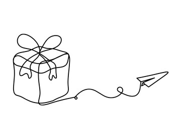 Abstract present box and paper plane as continuous line drawing on white background. Vector