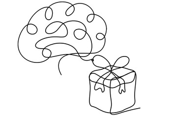 Abstract present box and brain as continuous line drawing on white background. Vector