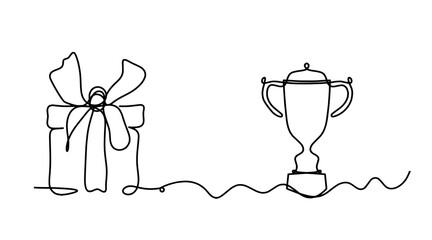 Abstract present box and trophy as continuous line drawing on white background. Vector