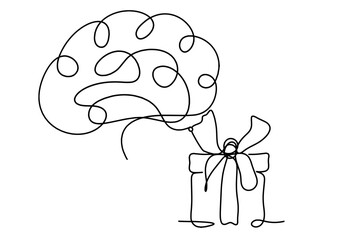 Abstract present box and brain as continuous line drawing on white background. Vector