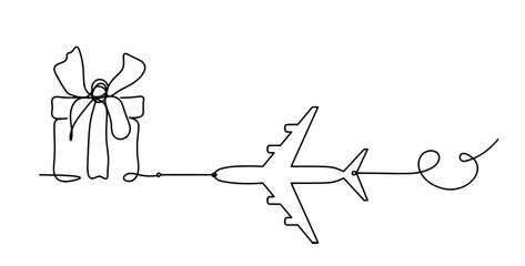Abstract present box and plane as continuous line drawing on white background. Vector