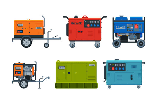 Power and Energy Generators as Portable Electrical Equipment Vector Set