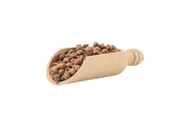 brown chickpeas in wooden scoop isolated on white background. nutrition. food ingredient.