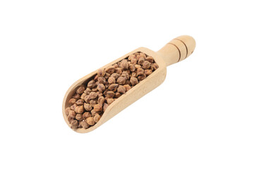 brown chickpeas in wooden scoop isolated on white background. nutrition. food ingredient.