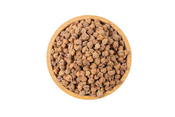 brown chickpeas in wooden bowl isolated on white background. nutrition. food ingredient.