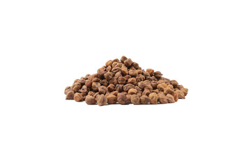 brown chickpeas heap isolated on white background. nutrition. food ingredient.