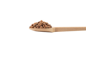brown chickpeas on wooden spoon isolated on white background. nutrition. food ingredient.