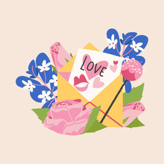 Love letter envelopes with roses and blue leaves isolated on beige background. Happy valentine's day vector flat illustration