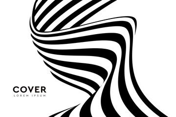 3D Optical Art with strip black and white. Background curve vector line for banner, cover, poster, card. Abstract illusion wave.
