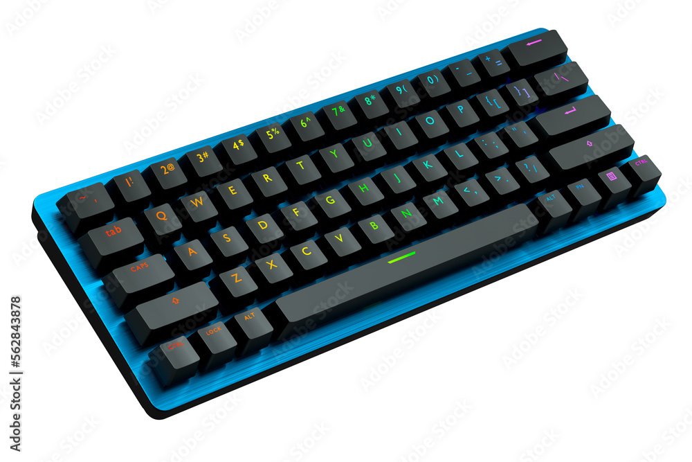 Poster blue computer keyboard with rgb colors isolated on white background.