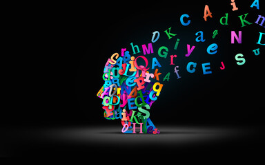 Reading comprehension and learning to read or language spoken and Autistic spectrum or Dyslexia disorder concept as a human head made of Alphabet letters - obrazy, fototapety, plakaty