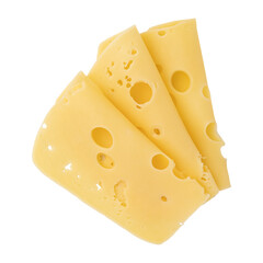 folded slices of cheese isolated on white background, pieces of sliced gouda cheese laid out to...