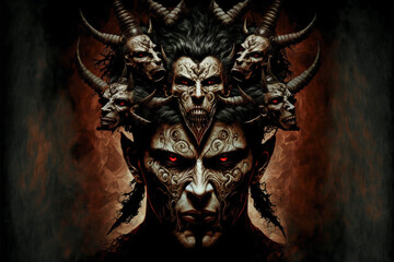 Demon, devil or Satan with many heads. Symbol of evil or hell. Generative AI.