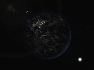 image of the night earth, the sun and the moon - the triangle of the stars - 3d representation