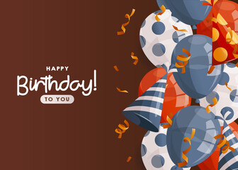 Birthday brown horizontal promo banner with red, blue shiny balloons, caps, confetti. Birthday party, celebration, holiday, event, festive concept. Banner, flyer, advertising. discount. Cartoon vector