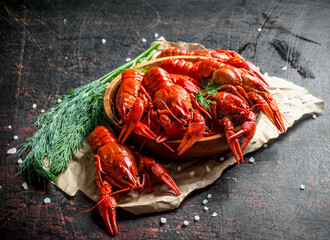 Boiled crayfish in a plate on paper with dill.