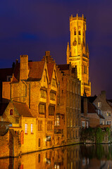 Bruges belfry at night in winter, West Flanders, Belgium.
