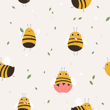 Colorful seamless pattern with cute bees characters
