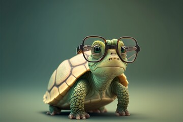 cute little green turtle with glasses. generative ai.