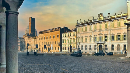 Mantua, Lombardy, Italy. Morning view of the medieval Sordello Square overlooked by important...