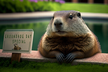 Groundhog day: Groundhog enjoying in a pool next him Sign Saying 'Groundhog Day Special'