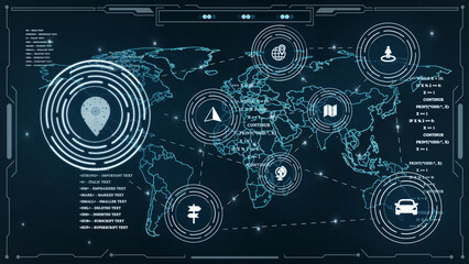 Concept of gps  Wide glowing map pin icon on dark blue background with digital circuit. Internet, gps and location concept. 3D Rendering.

