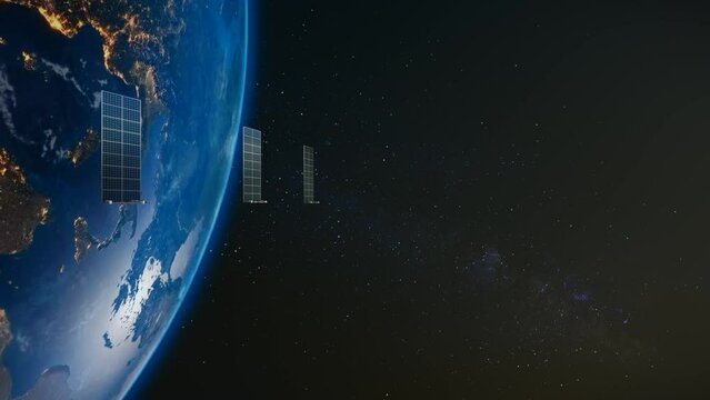 Flying  Starlink Satellites In Orbit above Earth, artist rendering 