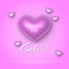 Plantilla para redes sociales de San Valentín con corazones 3D sobre fondo rosa para anunciar ofertas.  Valentine's Day social media template with 3D hearts on a pink background to advertise offers.