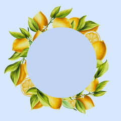 Watercolor frame with fresh ripe lemon with bright green leaves and flowers. Hand drawn cut citrus slices painting on background. For designers, postcards, party Invitations, wrapping paper, covers