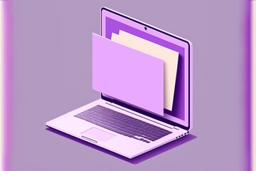 File folder on laptop screen, lilac background. AI digital illustration