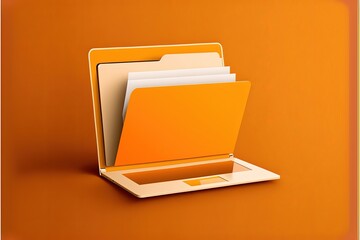 File folder on laptop screen, orange background. AI digital illustration - obrazy, fototapety, plakaty