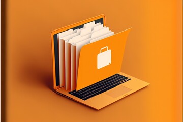 File folder on laptop screen, orange background. AI digital illustration