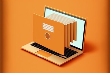 File folder on laptop screen, orange background. AI digital illustration - obrazy, fototapety, plakaty